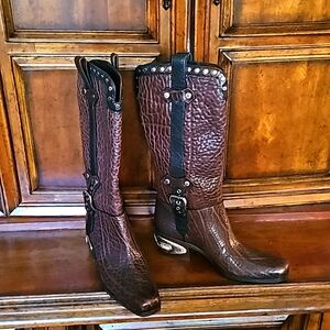 GIUSEPPE ZANOTTI BROWN & BLK LEATHER HARNESS EMBELLISHED BOOTS WITH BUCKLE TRIM!